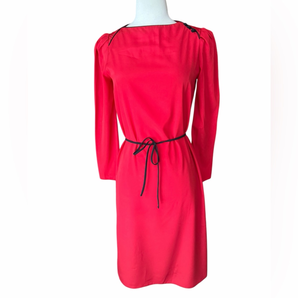 1970s Billy Jack For Her Poly Red W/Black Piping & Belt Dress